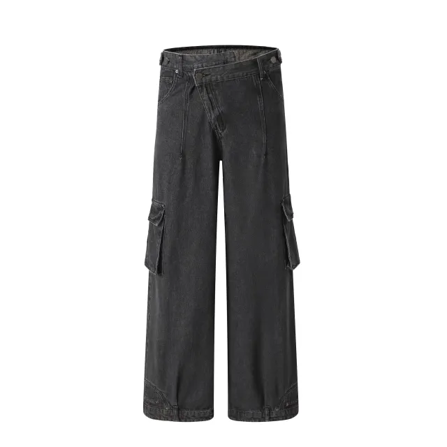 Retro Deconstructed Oblique Placket Wide leg Workwear Jeans Black - Shop at LoveMi