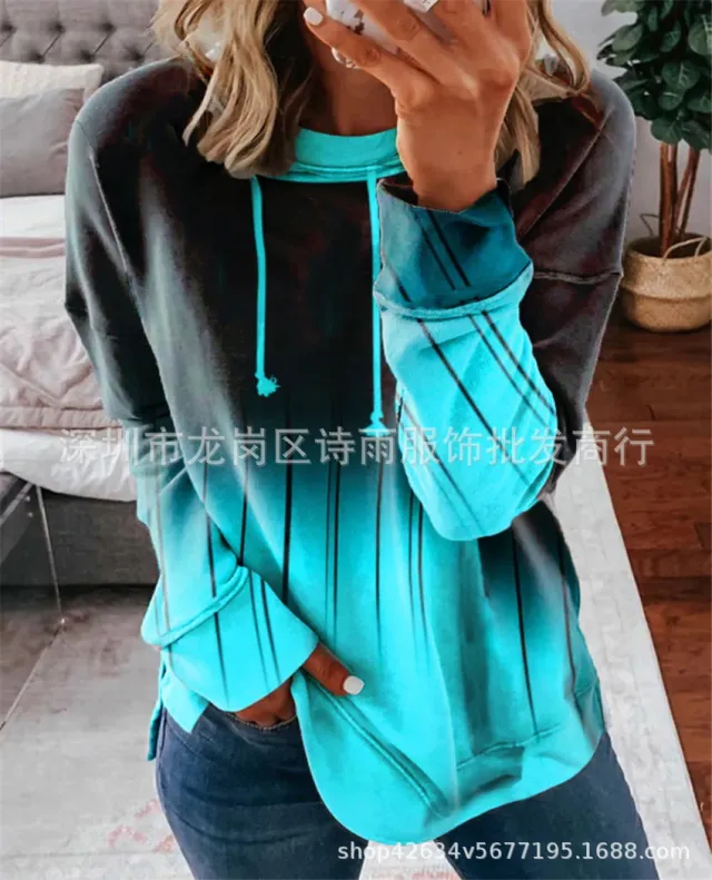 Round Neck Loose Gradient Printing Casual Sweatshirt Blue - Shop at LoveMi