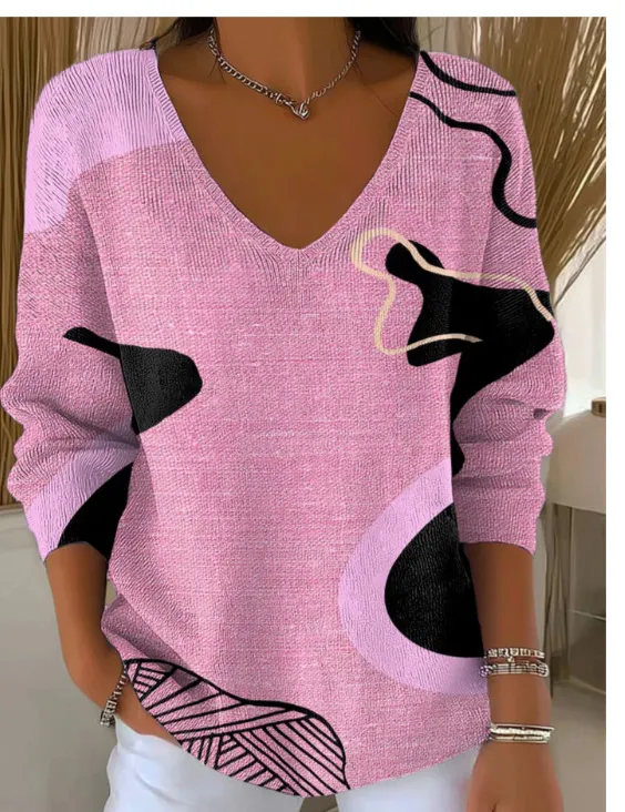Printed Women's Gradient Color V neck Long sleeved T shirt Ln25090311 - Shop at LoveMi