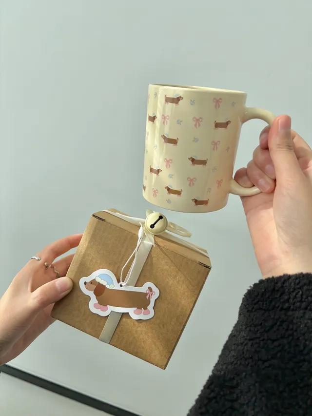 Floral Sausage Dog Ceramic Mug Coffee Cup Blue Cap Sausage Dog - Shop at LoveMi