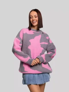 Contrast Colour Round Neck Plus Size Women's Loose Sweater - Pink - View 1