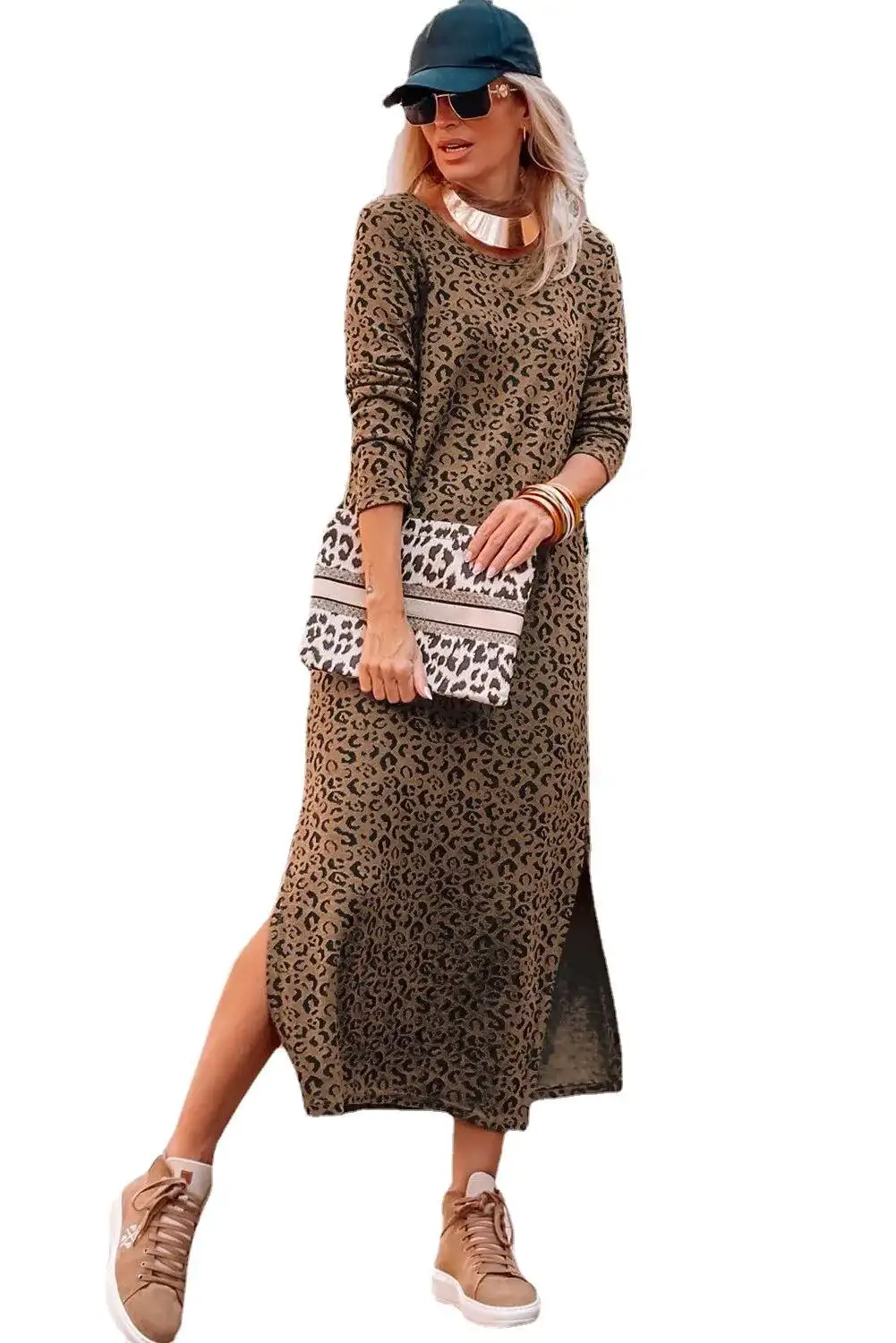 Long Sleeve Dress  Leopard Print Round Neck Waist Trimming Short Skirt For Women