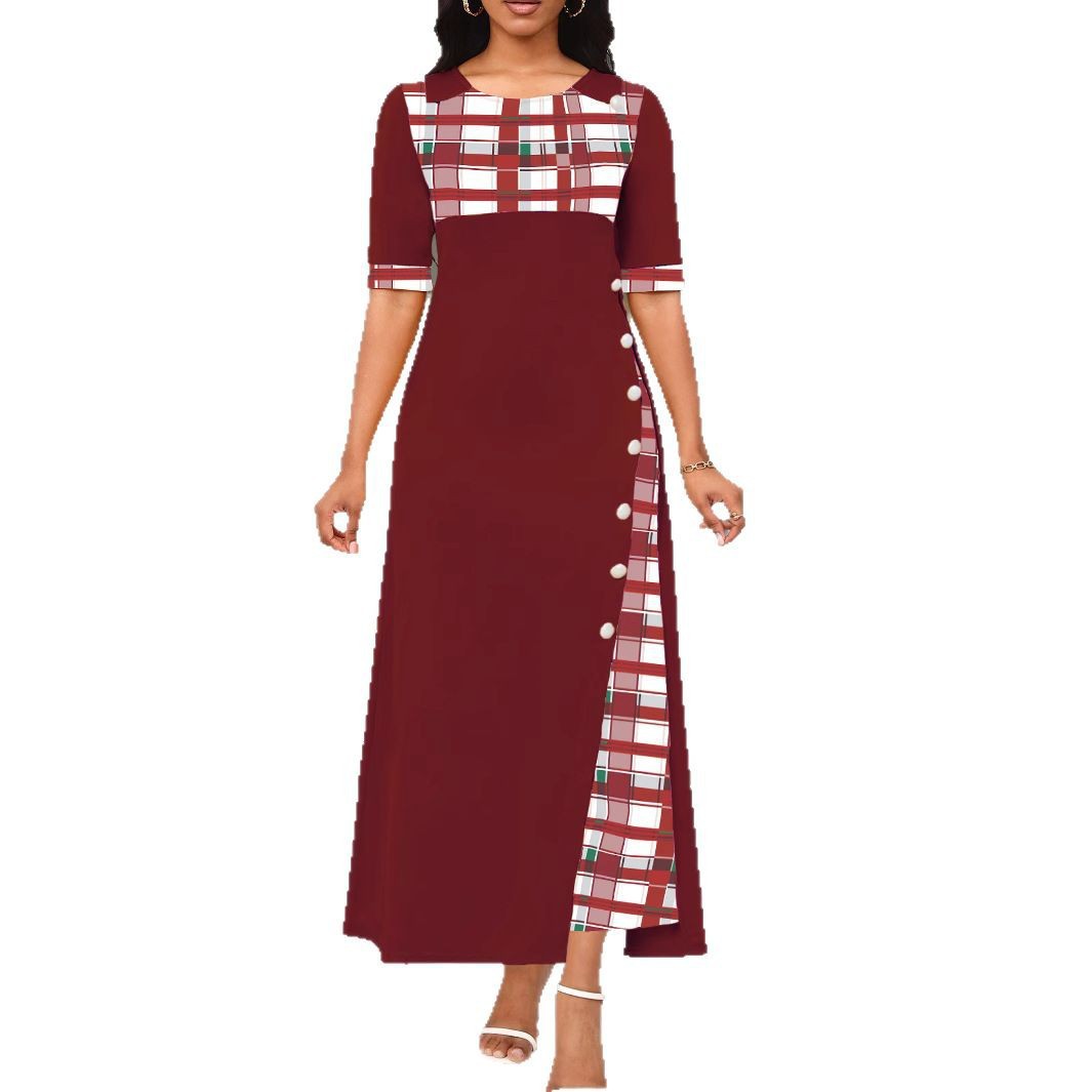 Round Neck Contrast Medium Sleeve Long Dress
