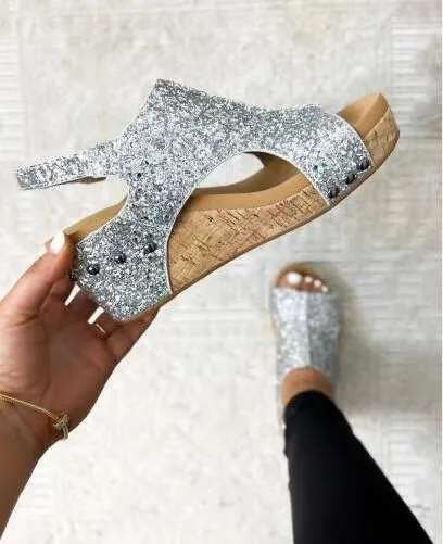 Women's Wedge Peep Toe Platform Rivet Sandals Silver - Shop at LoveMi