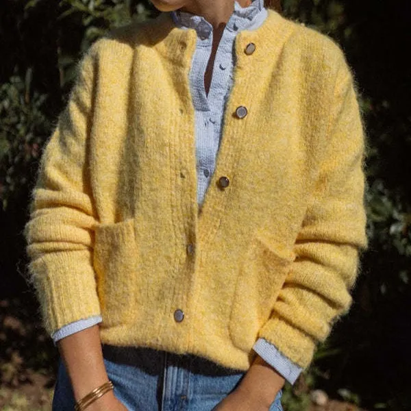 Slim fit Round Neck French Loose Thick Cardigan Coat For Women Yellow - Shop at LoveMi
