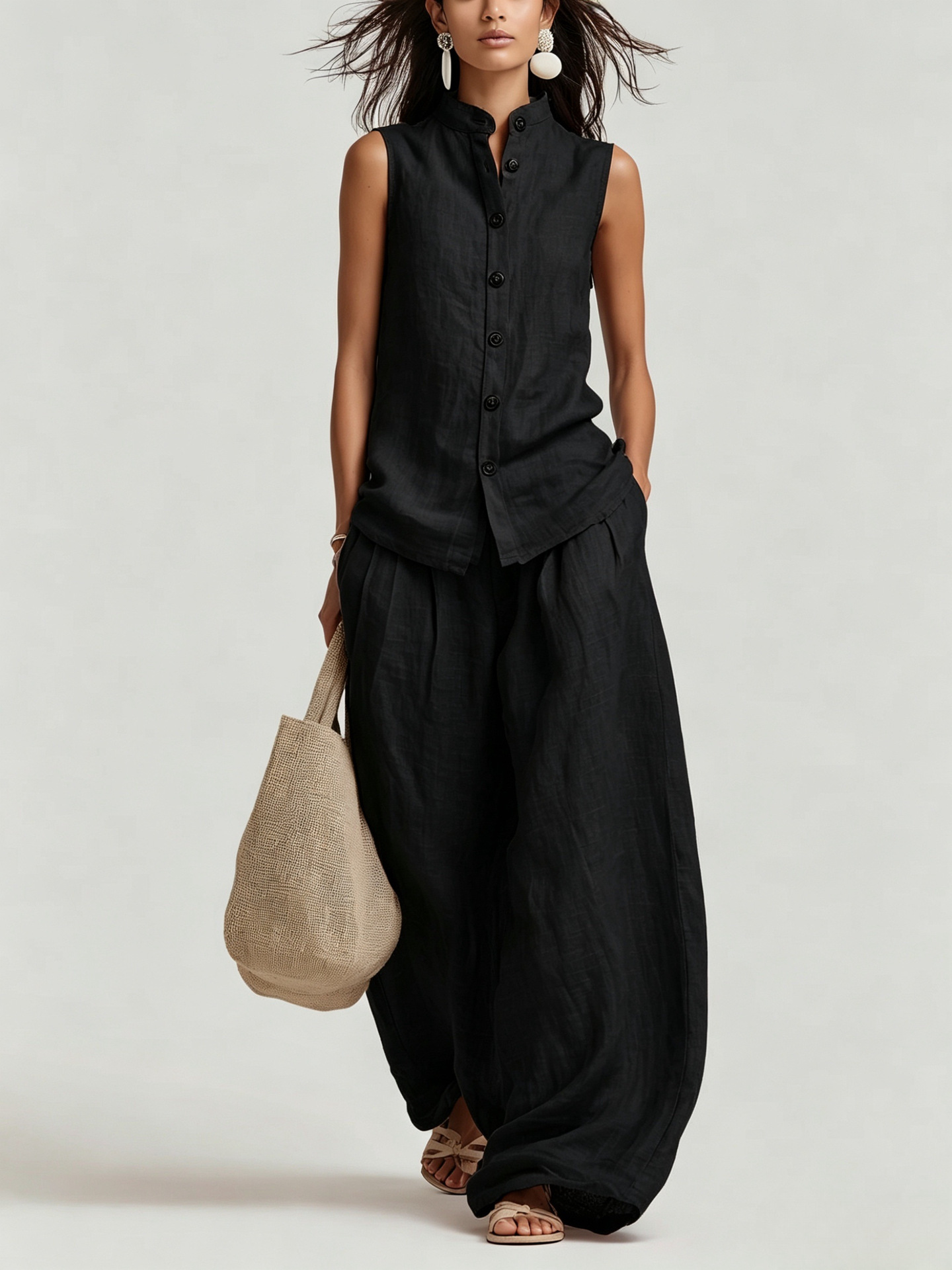 Women's linen crewneck vest and pants set in caramel, side view showing full-length pants and vest silhouette
