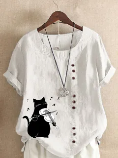 Summer Cotton And Linen Short Sleeve Top Cartoon Printed T-shirt - White - View 1