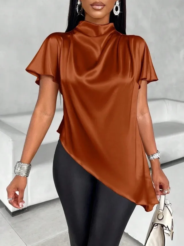 Women's Solid color Loose fitting Casual Top With An Asymmetrical Hem Brown - Shop at LoveMi
