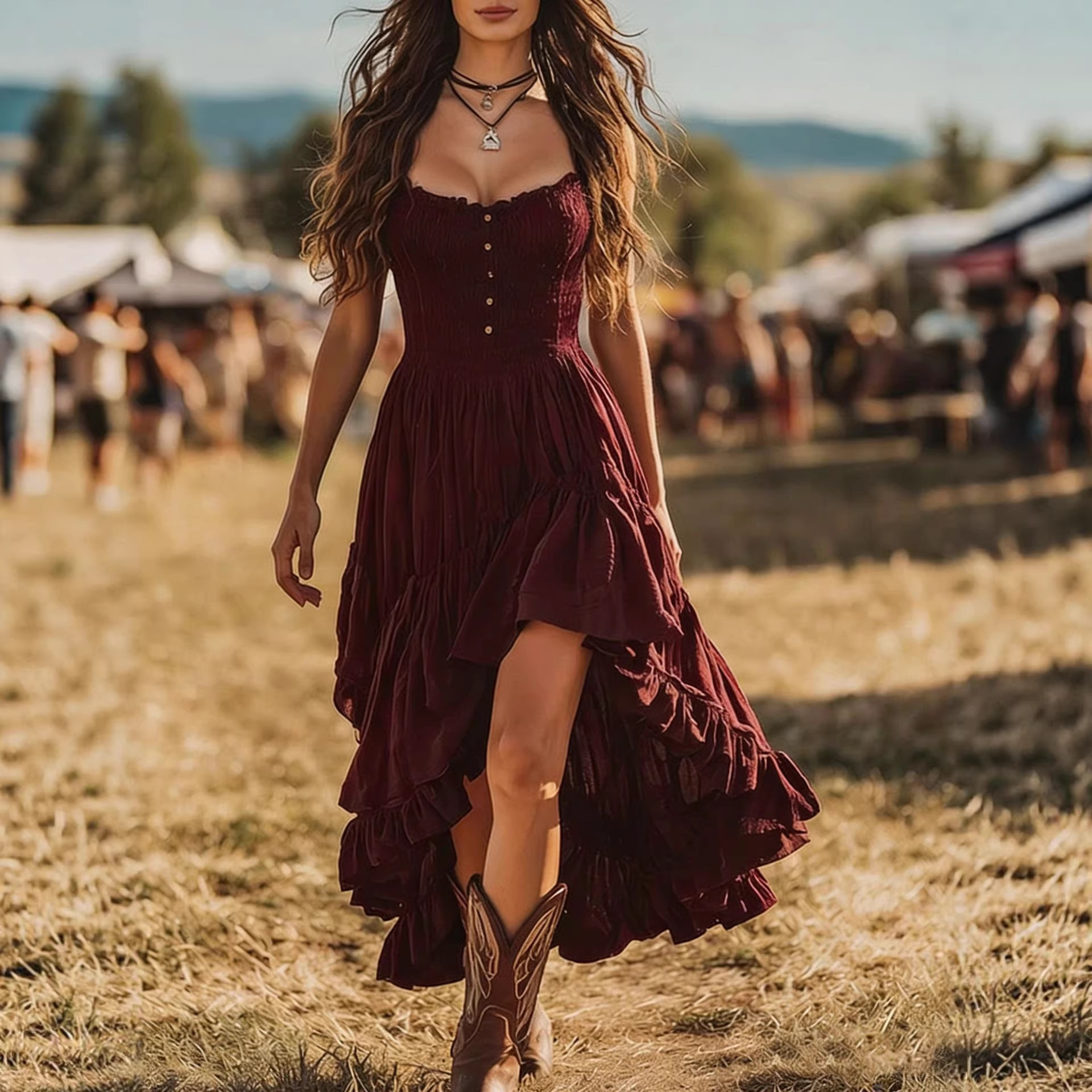Bohemian-style Dress With An Asymmetrical Ruffled Hem