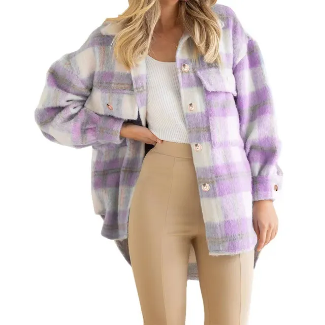 European And American Autumn And Winter Woolen Plaid Mohair Long sleeved Coat Purple - Shop at LoveMi