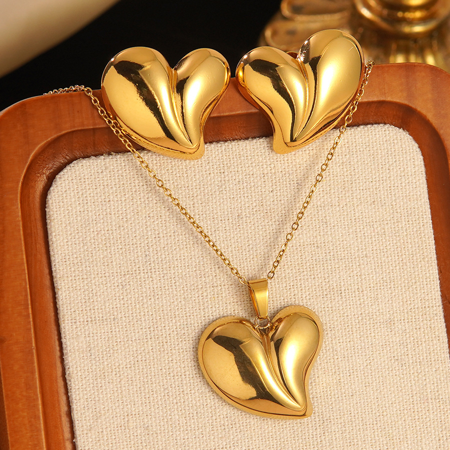 Stainless Steel Heart Bow Flower Necklace And Earrings Set