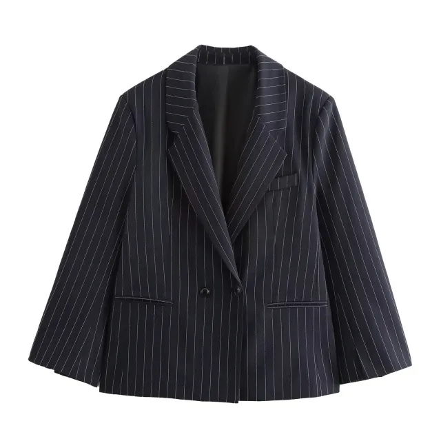 Winter New Versatile Pinstripe Double Breasted Baggy Coat Black - Shop at LoveMi