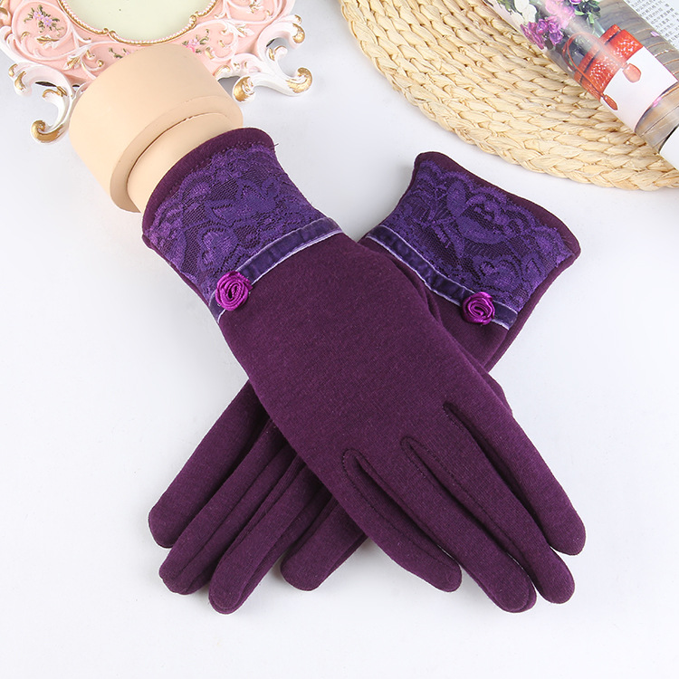 New Women's Outdoor Cycling Gloves Winter Solid Color Touch Screen Windproof Warm Gloves Lace Velvet Gloves