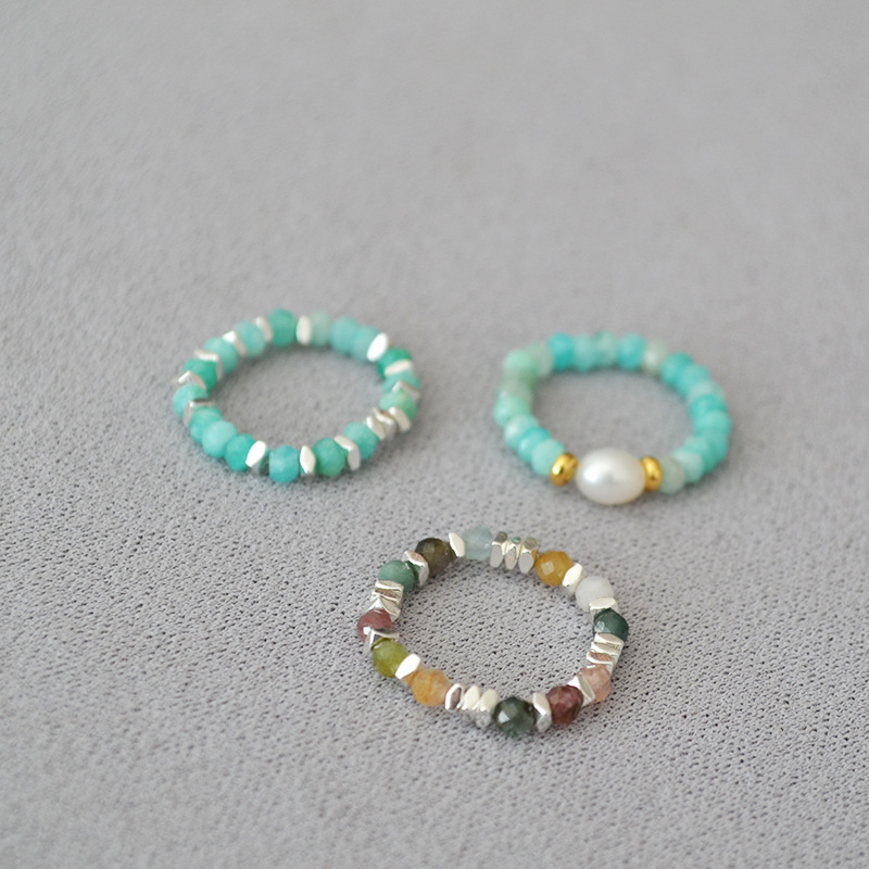 Retro Cool Real Stone Colorful Tourmaline Beaded Personality Simple Stretch Ring
