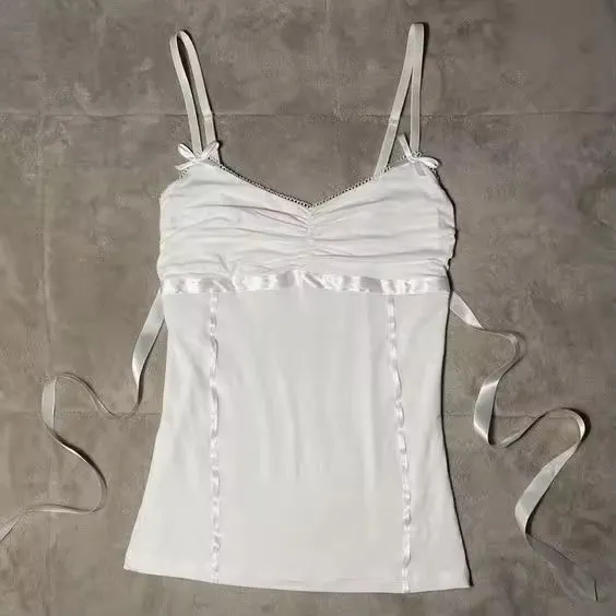 Bow Lace Trim Printed Sleeveless Tank Top White 1 - Shop at LoveMi
