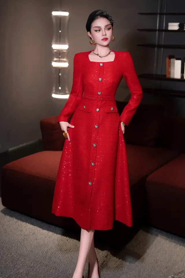 Red Sequin Waist cinching Slimming Square Neck Mid length Elegant Tweed Skirt Red - Shop at LoveMi