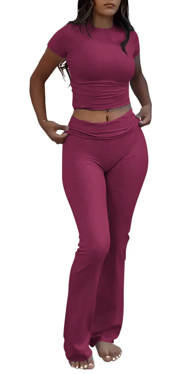 Casual Workout Round Neck Top Low Waist Bell bottom Pants Sportswear Suit Angora Red - Shop at LoveMi