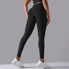 Women's Seamless Knitted Solid Colour High Waist Tight Pants - Pure Black - View 1