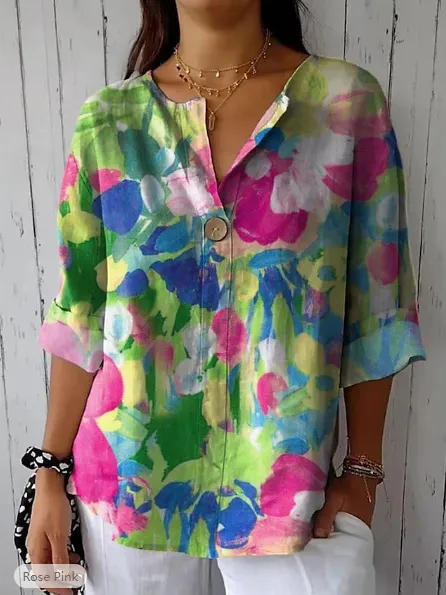 Women's Spring And Autumn Button V neck Casual Top T shirt Element 3 Xl - Shop at LoveMi