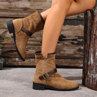 Casual Metal Buckle Slip on Women's Martin Boots Khaki - Shop at LoveMi