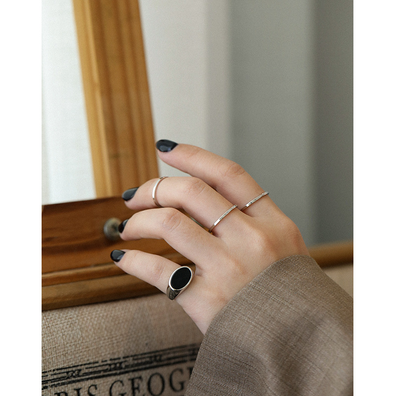 Cool Style Personality Retro Geometric Black Agate Sterling Silver Ring