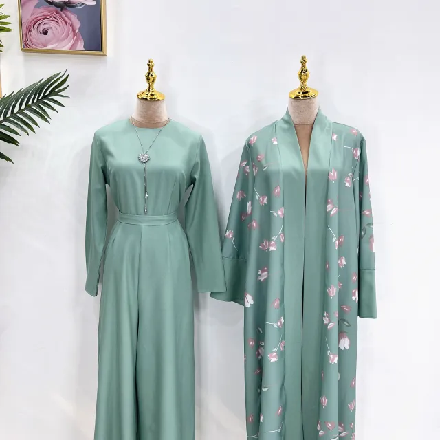 Middle East DUBAI Turkish Robe Solid Color Jumpsuit Green Cardigan - Shop at LoveMi