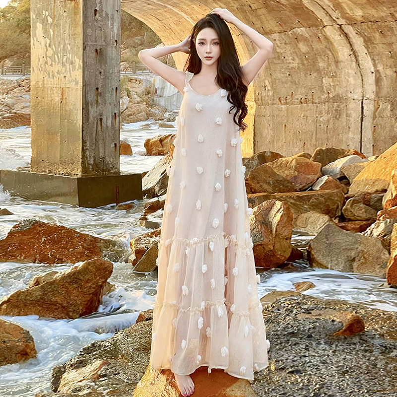 Three dimensional Flower Loose And Idle Holiday Slim Looking Suspender Skirt Apricot Beige - Shop at LoveMi