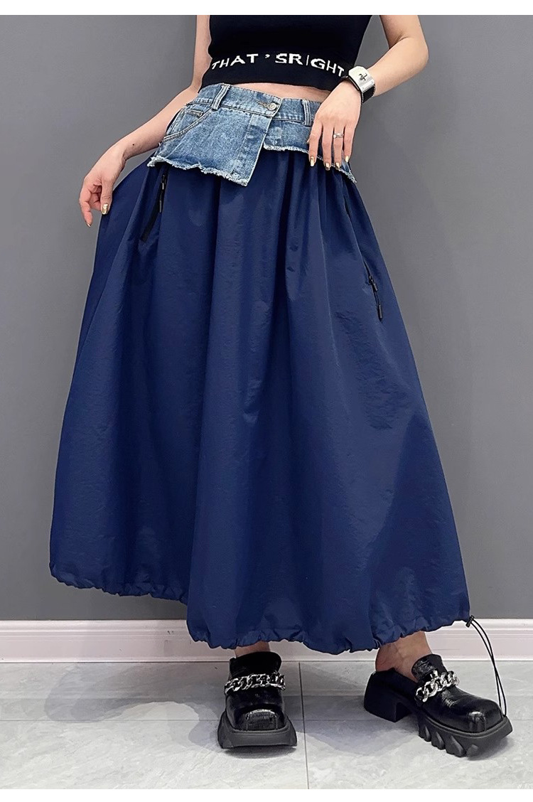 Women's American-style Color Contrast Patchwork Denim Skirt
