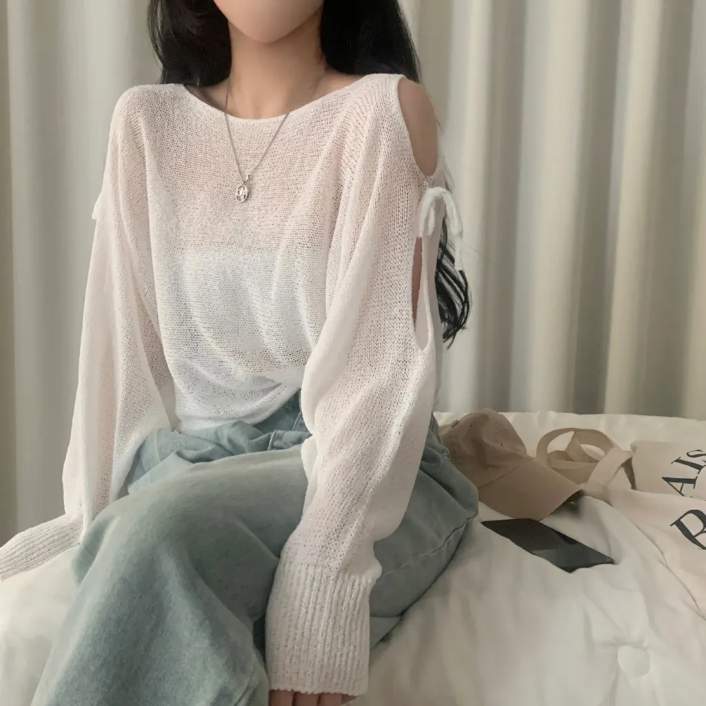 Lace-up Cutout Off-shoulder Loose Sun Protection Sweater Top - Beige
