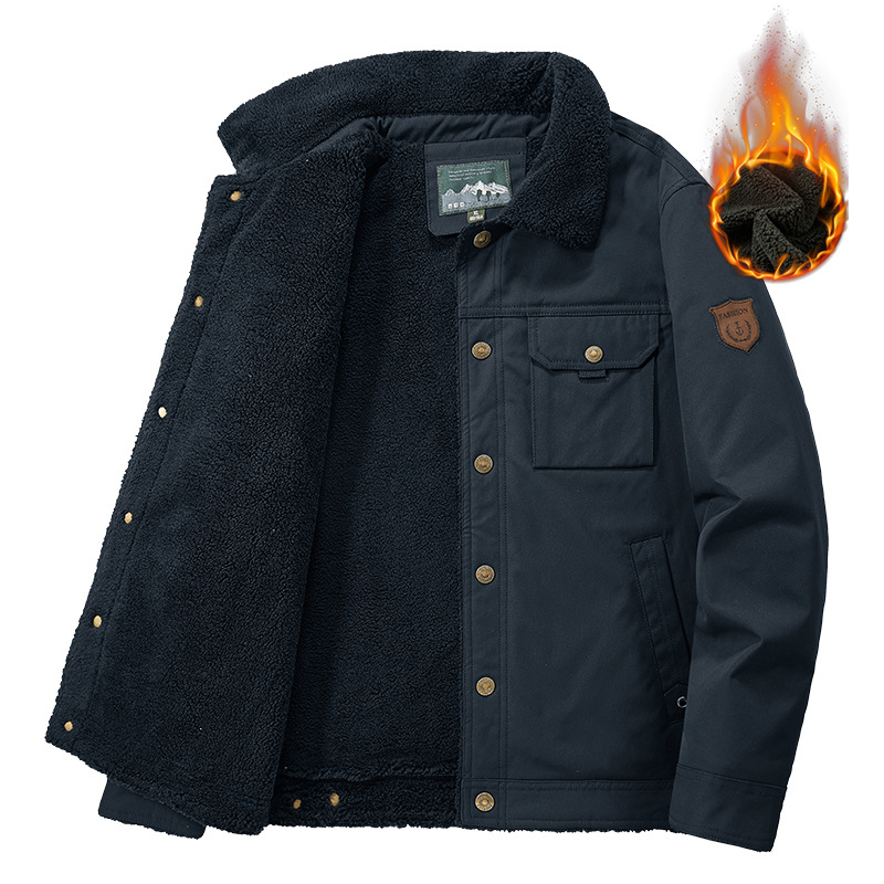 Washed Jacket For Men Fleece-lined And Thickened Lambswool Casual Style