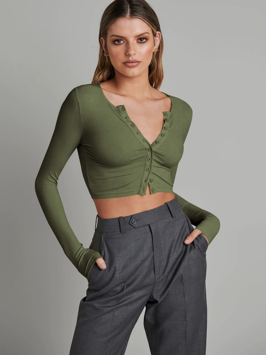 Button Rib Long Sleeve Knitted Cardigan Women's Clothes Cropped Top Esij125 Army Green - Shop at LoveMi