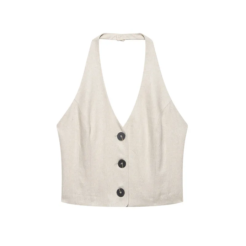Linen Hanging Collar Top Midi Dress - Top-S