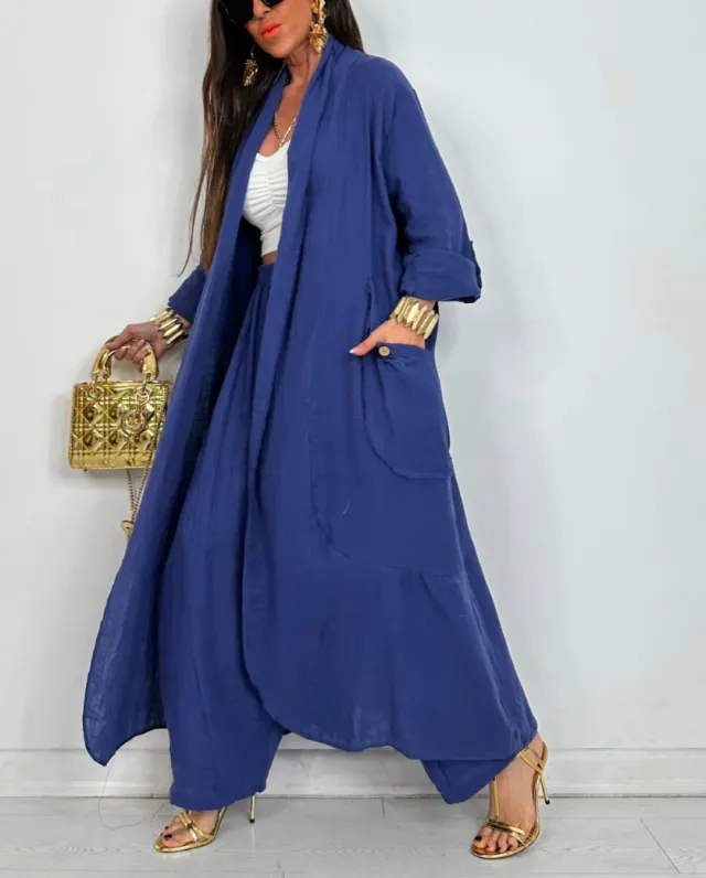 Cardigan Long Shirt Fashion Solid Color Casual Suit Blue - Shop at LoveMi