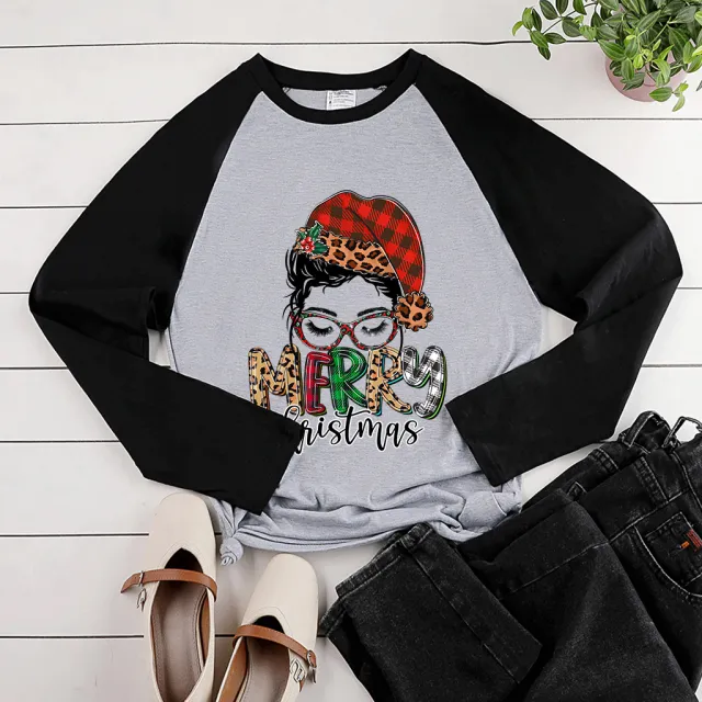 Raglan Long Sleeve Christmas Glasses Print Gray Black Body Sleeve - Shop at LoveMi