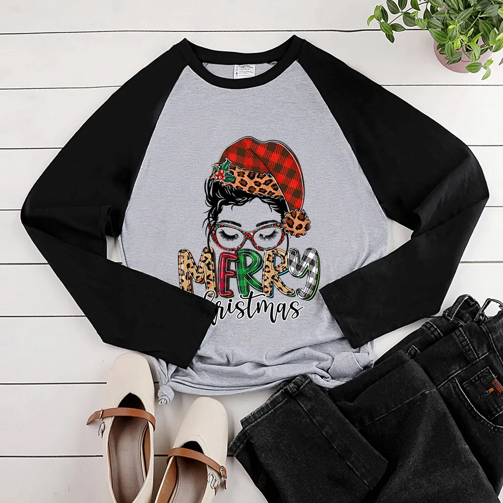 Raglan Long Sleeve Christmas Glasses Print - Grey Black Body Sleeve