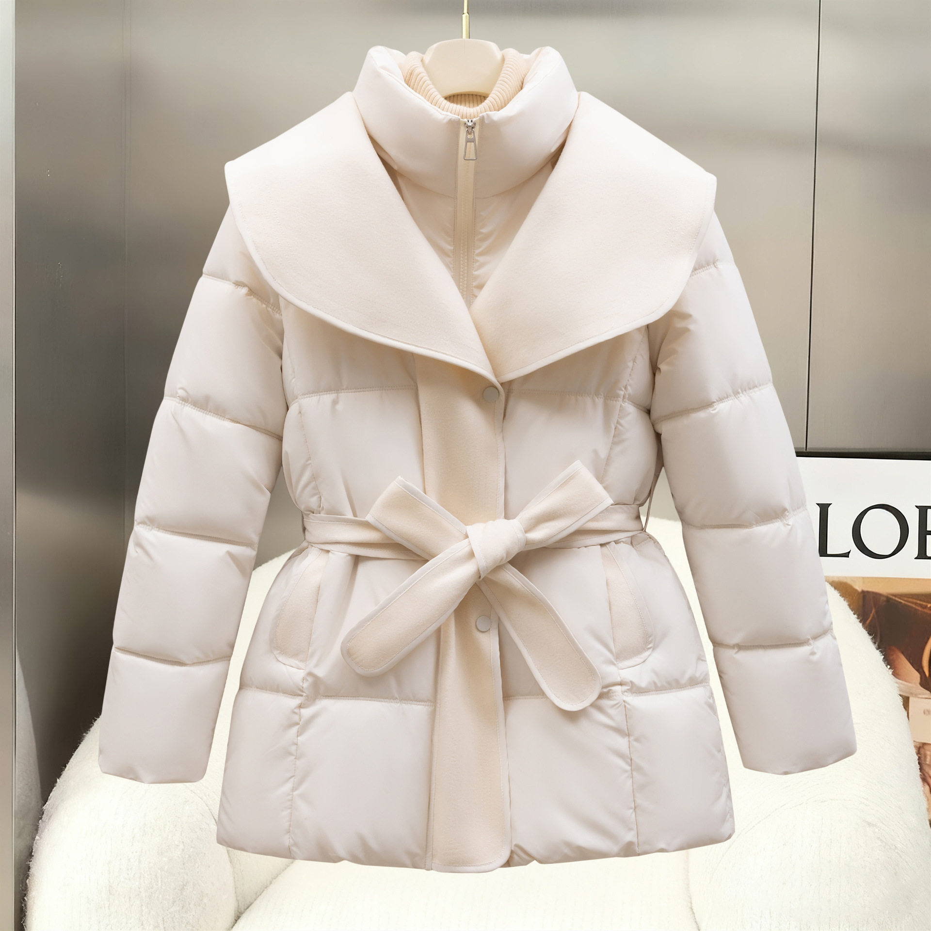 Women's Beige Puffer Coat With Tie Belt And Wide Layered Collar