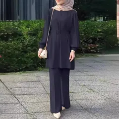 Middle East Muslim Round Neck Long Sleeve Belt Elastic Waist Top And Trousers Suit - Dark Blue - View 1