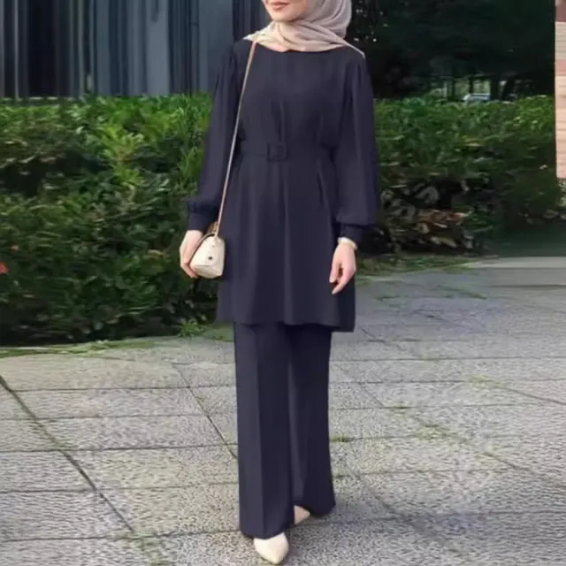 Middle East Muslim Round Neck Long Sleeve Belt Elastic Waist Top And Trousers Suit Dark Blue - Shop at LoveMi