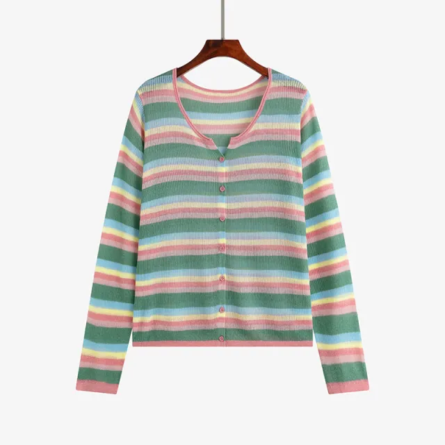 Plus Size Round Neck Color Striped Shirt Women's Thin Top Green - Shop at LoveMi