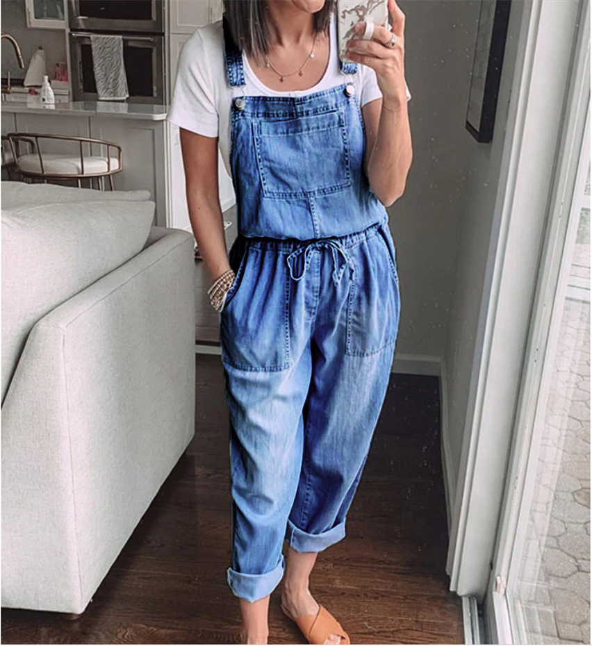 Women's sleeveless wide-leg overalls – dark blue lifestyle shot