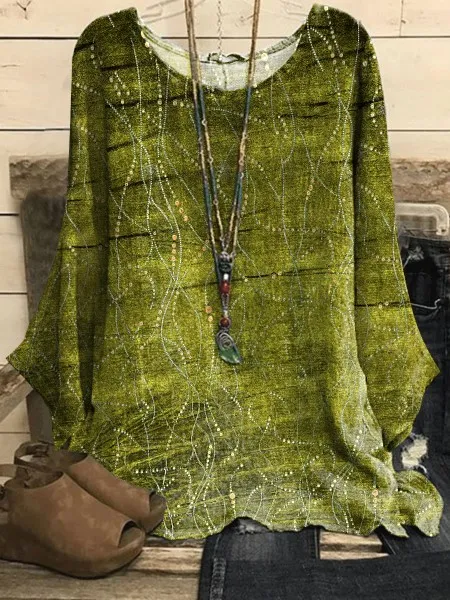 Women's Loose Solid Color Printing Round Neck Long Sleeve Matcha - Shop at LoveMi