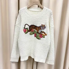 Tiger Crochet Embroidery Wool Sweater Sweater Women's Lazy Wind Thick Needle Top - Beige - View 1