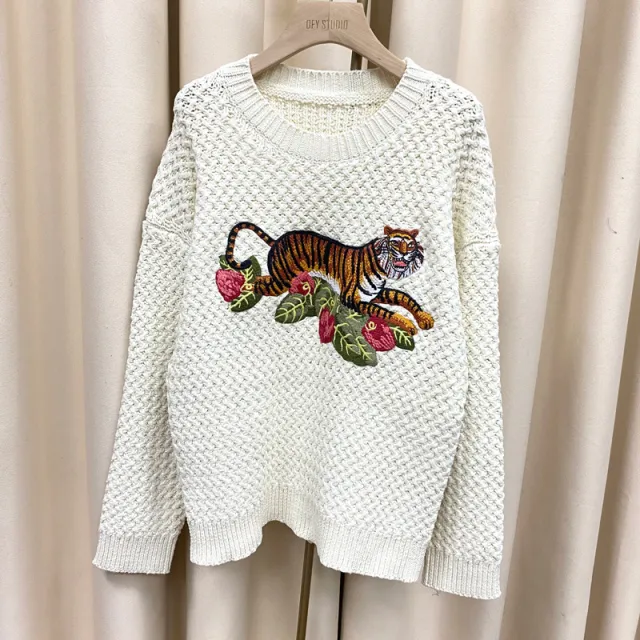 Tiger Crochet Embroidery Wool Sweater Sweater Women's Lazy Wind Thick Needle Top Beige - Shop at LoveMi