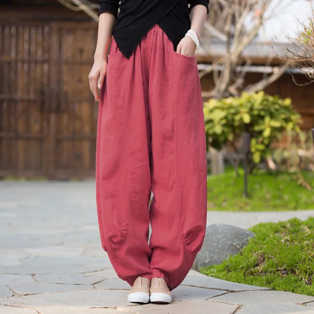 Ramie Stone Washed Soft All matching Trousers Women Wine Red - Shop at LoveMi