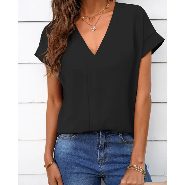 Summer Top Solid Color And V neck Short Sleeve T shirt Black - Shop at LoveMi