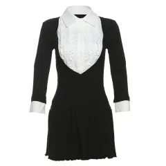 French Fashion Colour Collision Design Lapel Breasted A- Line Dress - Black - View 1