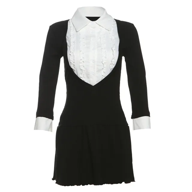 French Fashion Color Collision Design Lapel Breasted A Line Dress Black - Shop at LoveMi