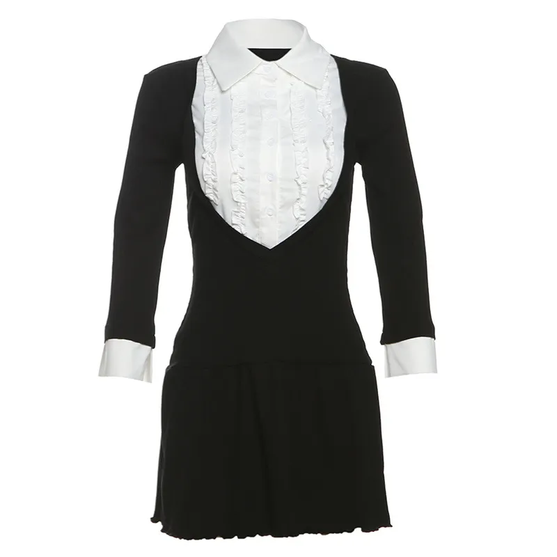 French Fashion Color Collision Design Lapel Breasted A- Line Dress - Black