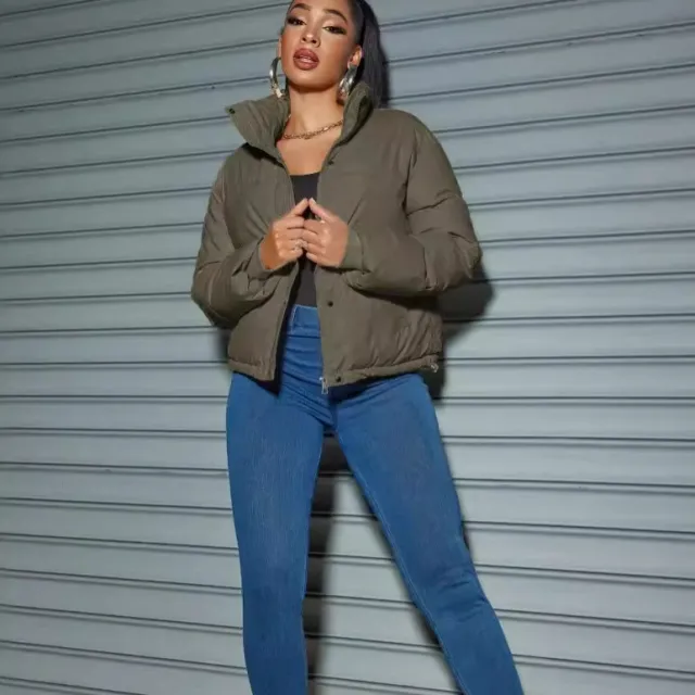 Short Padded Down Jacket Women's Lapel Army Green - Shop at LoveMi