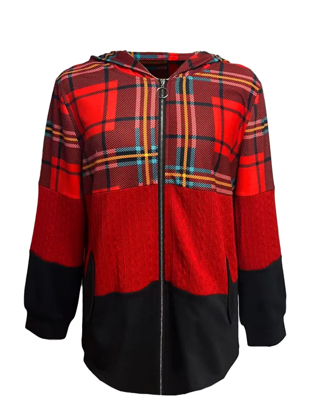 Fashion Loose Patchwork Assorted Colors Plaid Hooded Zipper Jacket Red - Shop at LoveMi
